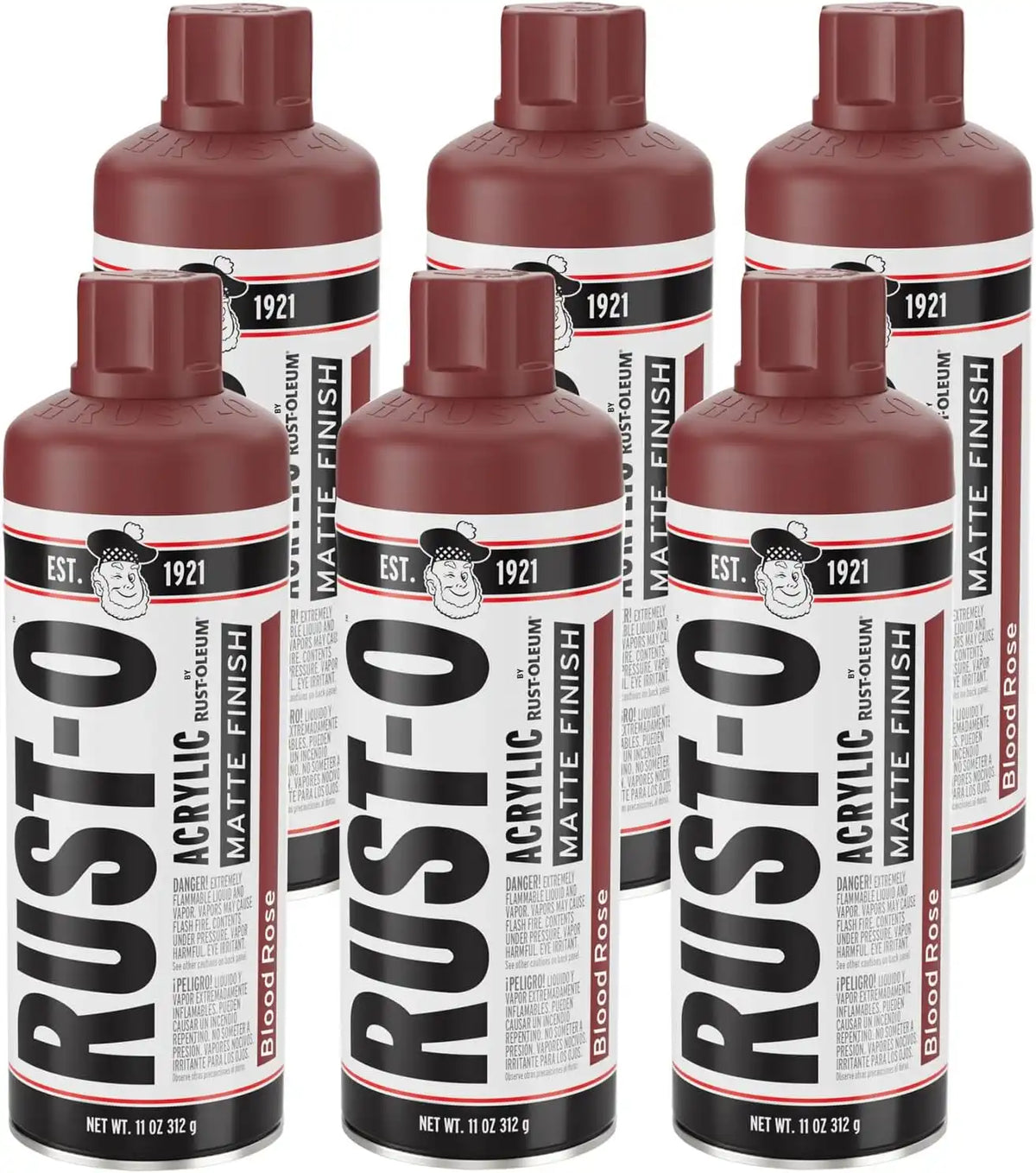 Rust-Oleum Rust-O Acrylic Spray Paint | Street Artist Spray Paint for Murals | Weather Resistant for Concrete, Wood, Brick and Other Surfaces | 11 Ounce | Matte Blood Rose | 6 Pack