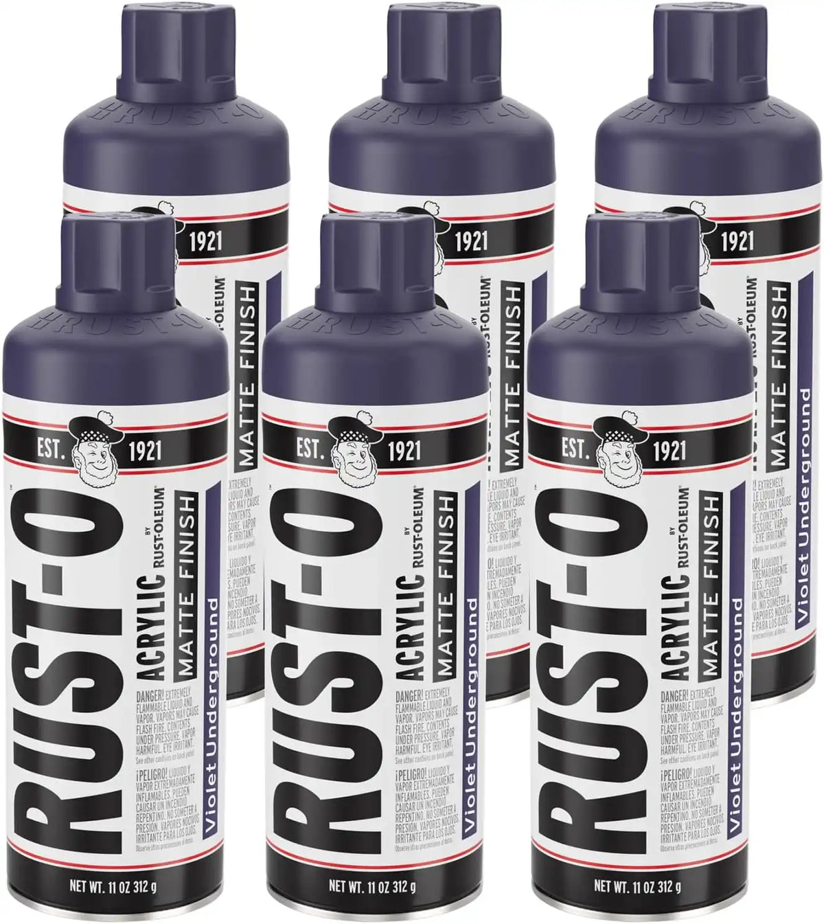 Rust-Oleum Rust-O Acrylic Spray Paint | Street Artist Spray Paint for Murals | Weather Resistant for Concrete, Wood, Brick and Other Surfaces | 11 Ounce | Matte Violet Underground | 6 Pack