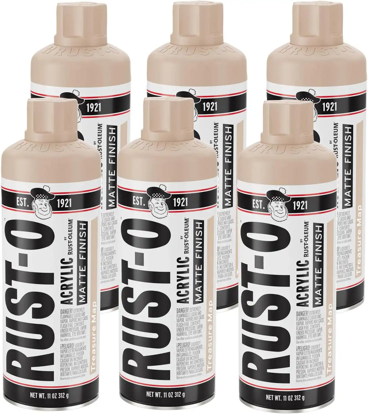 Rust-Oleum Rust-O Acrylic Spray Paint | Street Artist Spray Paint for Murals | Weather Resistant for Concrete, Wood, Brick and Other Surfaces | 11 Ounce | Matte Treasure Map | 6 Pack