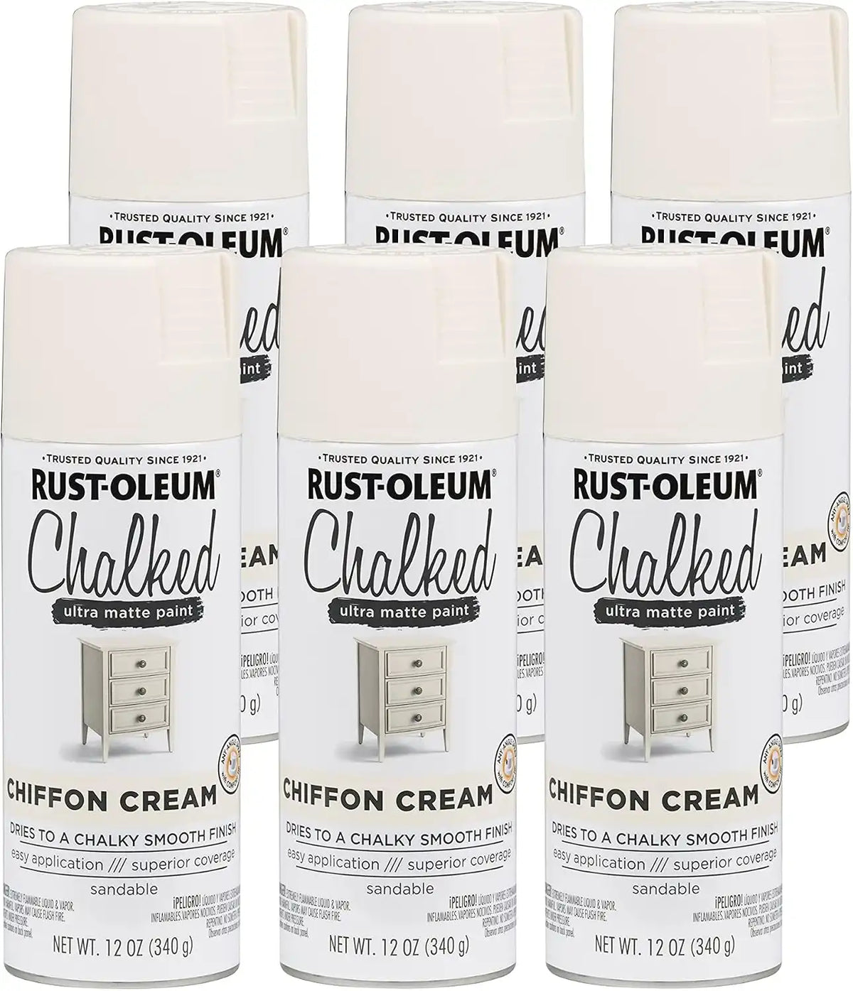 Rust-Oleum Chiffon Cream Chalked All-in-One Ultra Matte Spray Paint | One Coat Coverage | No Primer, Sanding, Or Topcoat Needed | Easy Spray Application | Made in USA | 12 OZ | 6 Pack