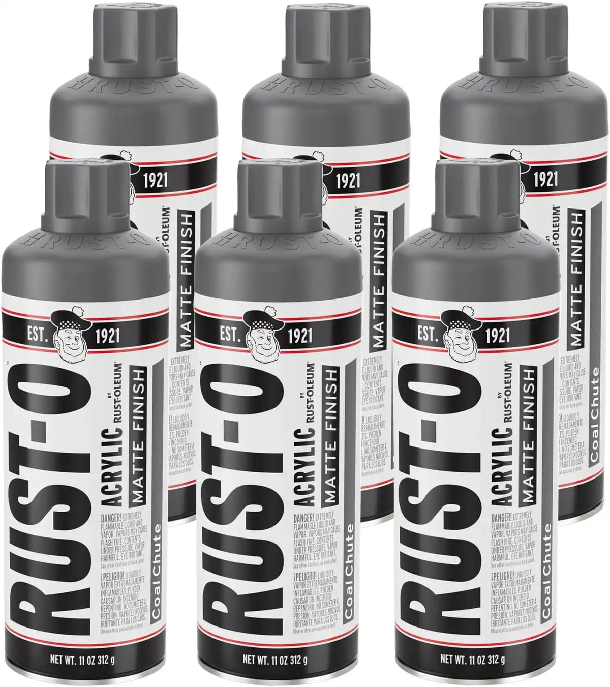 Rust-Oleum Rust-O Acrylic Spray Paint | Street Artist Spray Paint for Murals | Weather Resistant for Concrete, Wood, Brick and Other Surfaces | 11 Ounce | Matte Coal Chute | 6 Pack