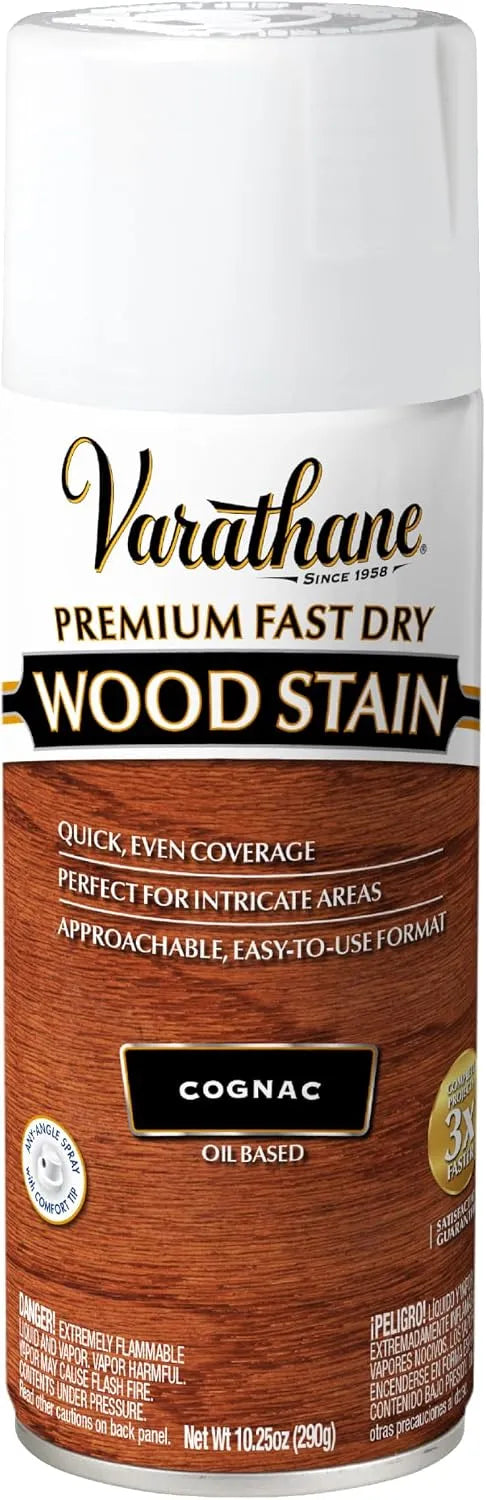 Varathane Premium Fast Dry Wood Stain Spray | 1 Hour Dry Time | 1 Coat Color | Interior Wood Stain | Furniture, Cabinets, Doors, Trim | 10.25 oz | Cognac