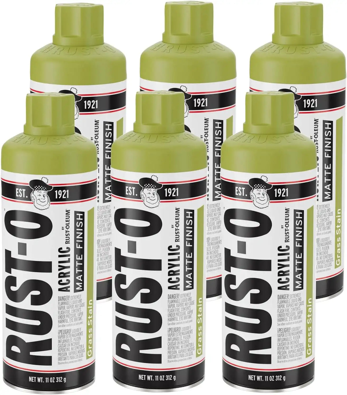 Rust-Oleum Rust-O Acrylic Spray Paint | Street Artist Spray Paint for Murals | Weather Resistant for Concrete, Wood, Brick and Other Surfaces | 11 Ounce | Matte Grass Stain | 6 Pack