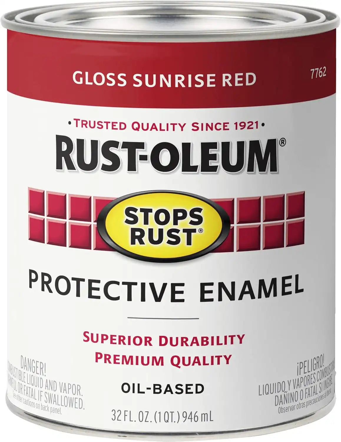 Rust-Oleum 7762502 Stops Rust Brush On Paint, Quart, Gloss Sunrise Red, (Pack of 1)