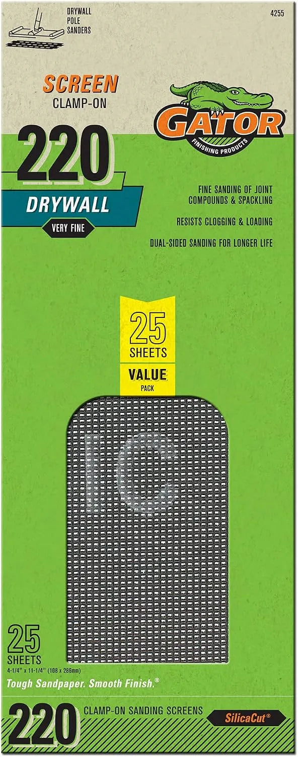 Gator Clamp-On Precut Drywall Sanding Screen, 4-1/4" x 11-1/4", 220 Grit, 25 Pack