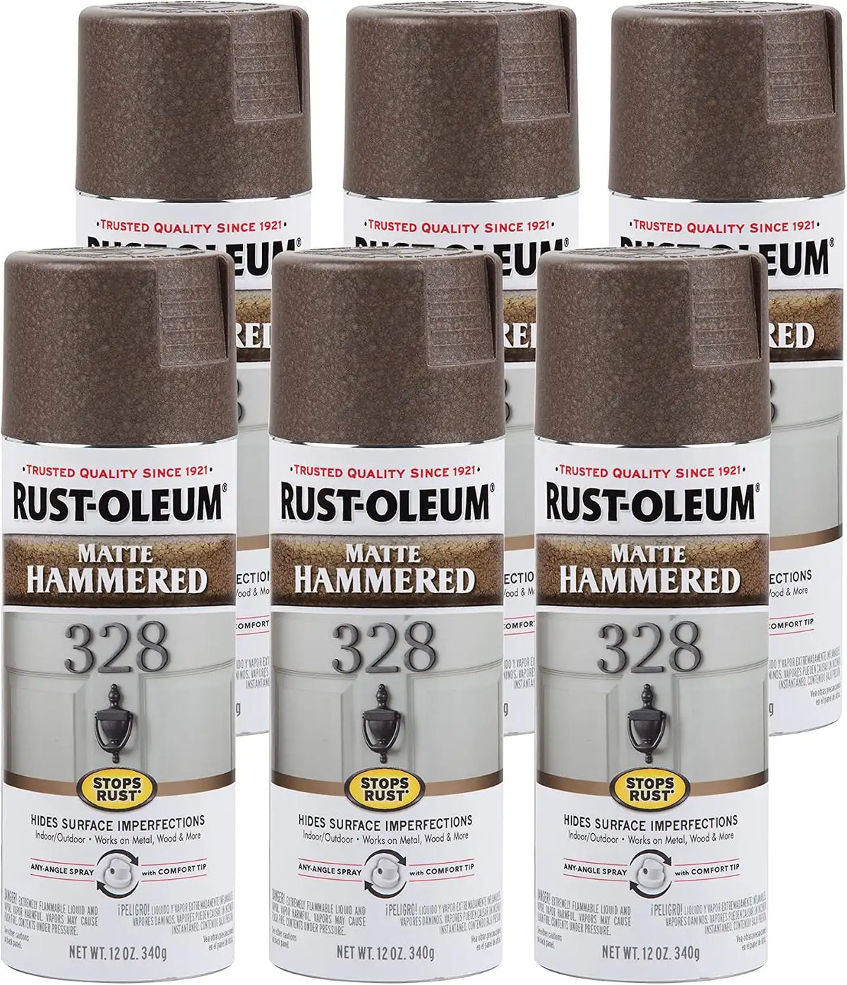 Rust-Oleum 314418-6PK Stops Rust Hammered Spray Paint, 12 oz, Matte Brown, 6 Pack