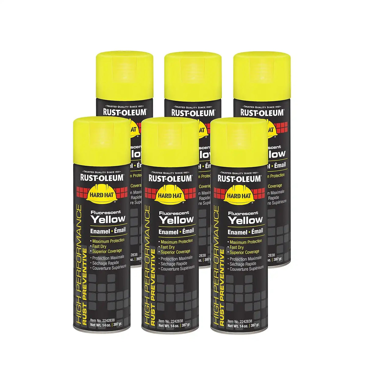 Rust-Oleum 2242838 High Performance V2100 System Rust Preventive Enamel Spray Paint, 20 fl. oz. Container, 15 oz. Fill, Fluorescent Yellow, 6-Pack