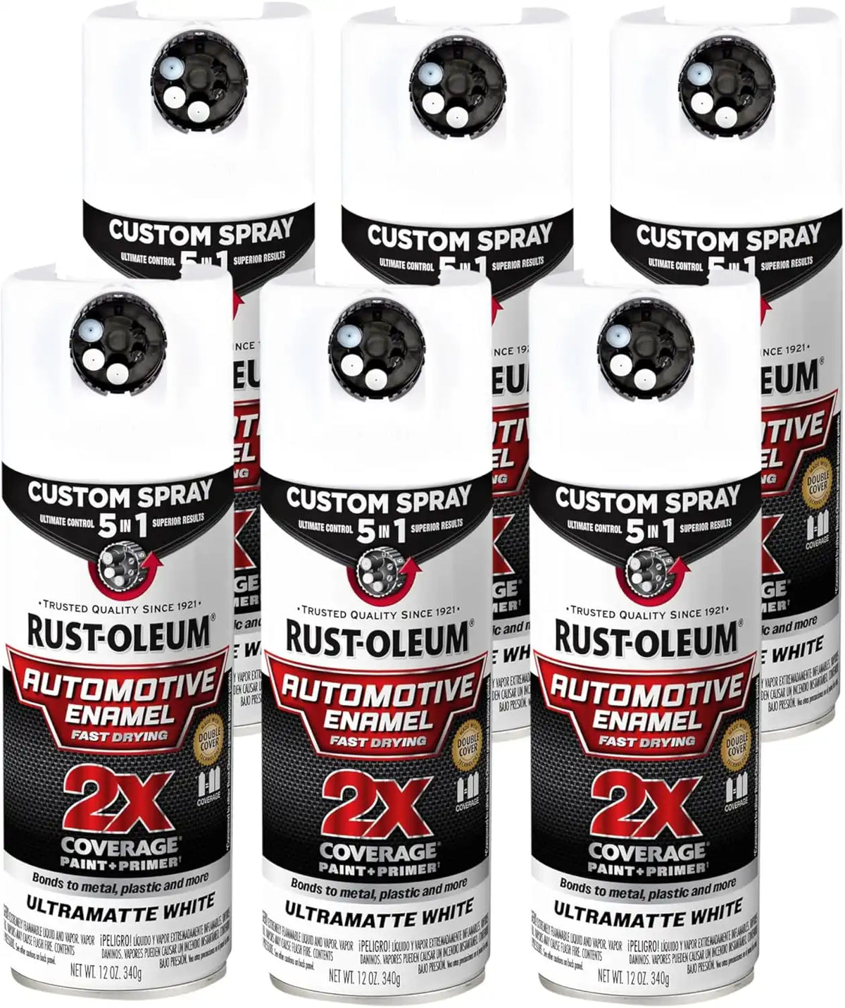 Rust-Oleum 2X Automotive Enamel Custom Spray 5-in-1 Spray Paint, 12 oz, Ultra Matte White, 6 Pack