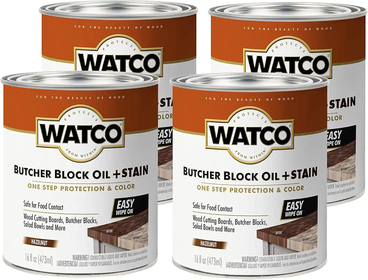 Watco Butcher Block Oil + Stain | Safe for Food Contact | Durable Protection | Easy One‑Coat Application | Hazelnut | Pint | 4 Pack