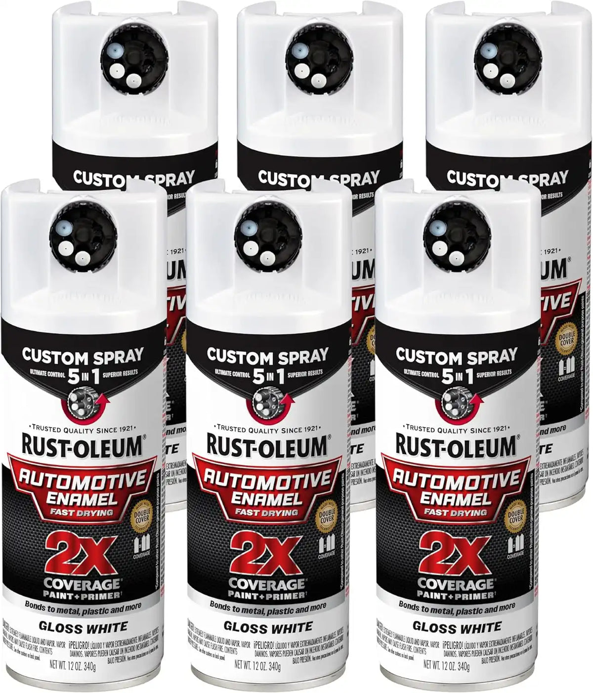 Rust-Oleum 2X Automotive Enamel Custom Spray 5-in-1 Spray Paint, 12 oz, Gloss White, 6 Pack