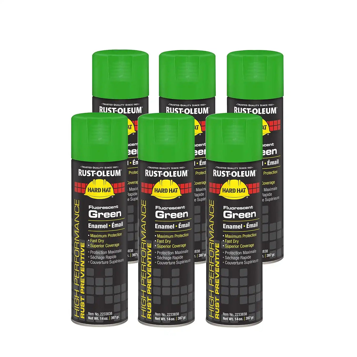 Rust-Oleum 2233838 High Performance V2100 System Rust Preventive Enamel Spray Paint, 20 fl. oz. Container, 15 oz. Fill, Fluorescent Green, 6-Pack