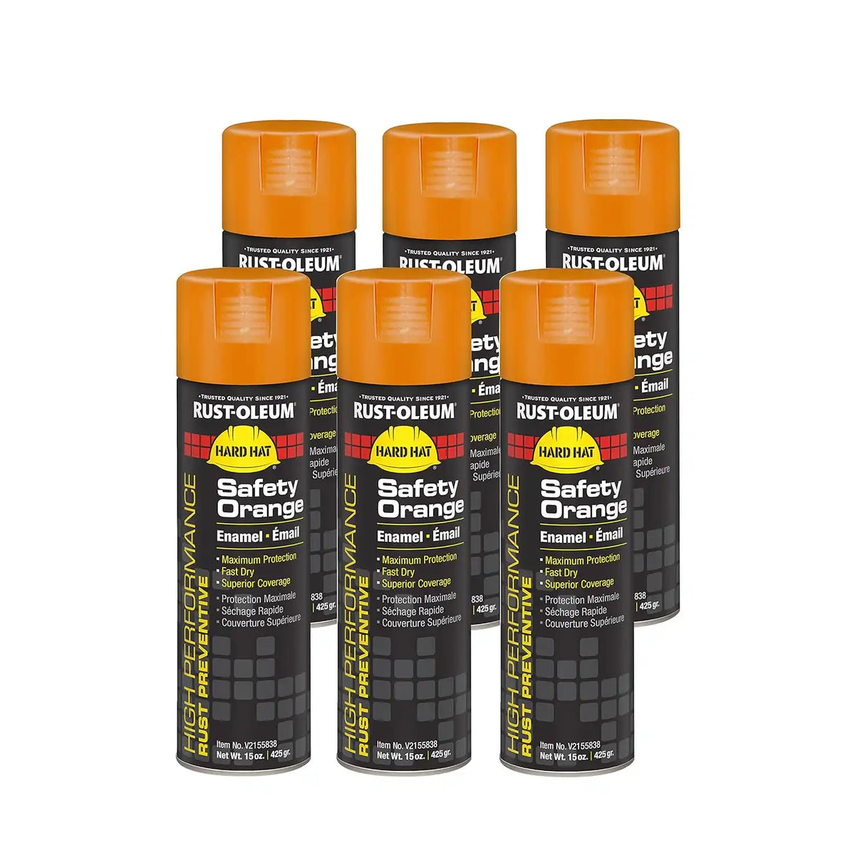 Rust-Oleum V2155838 High Performance V2100 System Rust Preventive Enamel Spray Paint, 20 fl. oz. Container, 15 oz. Fill, Safety Orange, 6-Pack