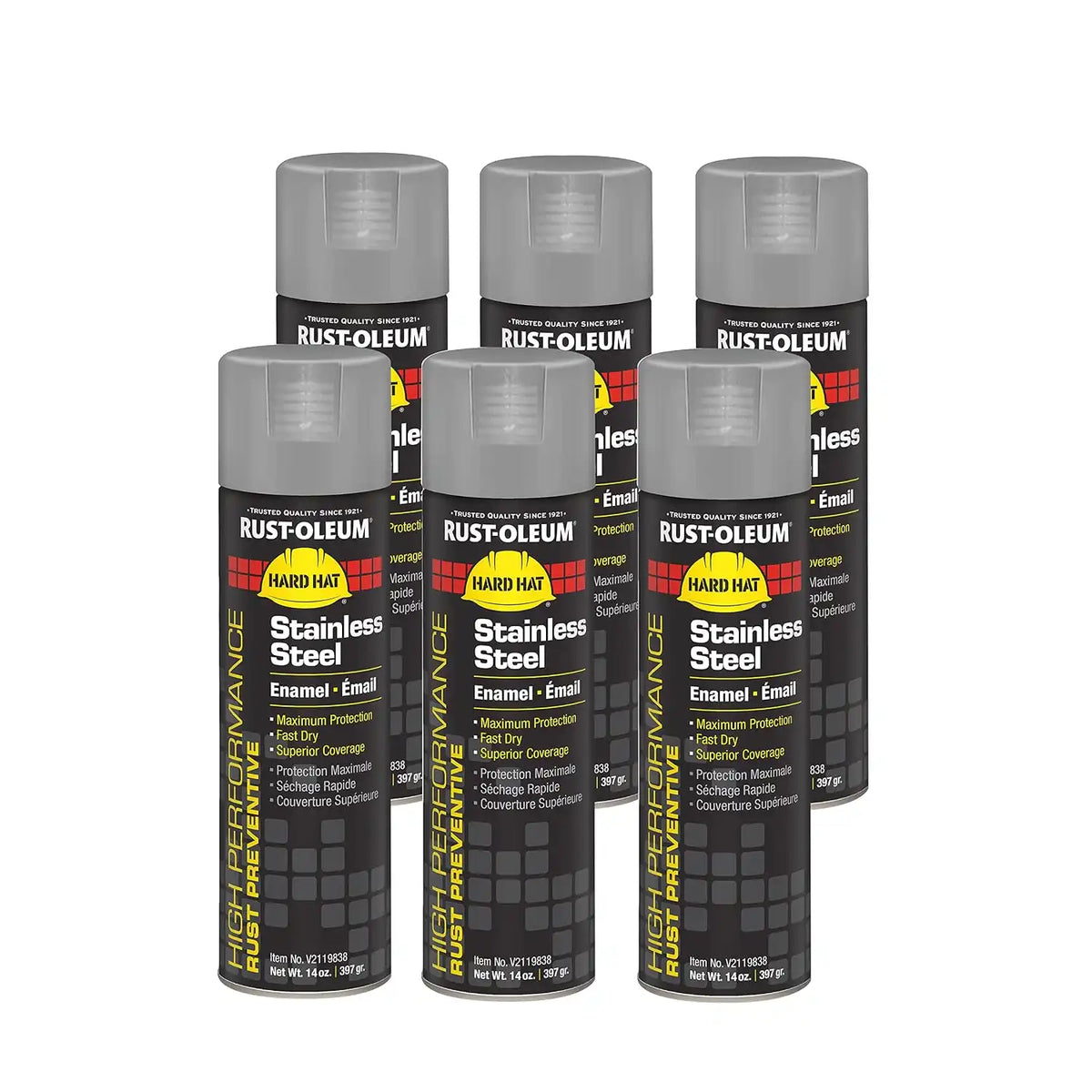 Rust-Oleum V2119838 High Performance V2100 System Rust Preventive Enamel Spray Paint, 20 fl. oz. Container, 15 oz. Fill, Stainless Steel, 6-Pack