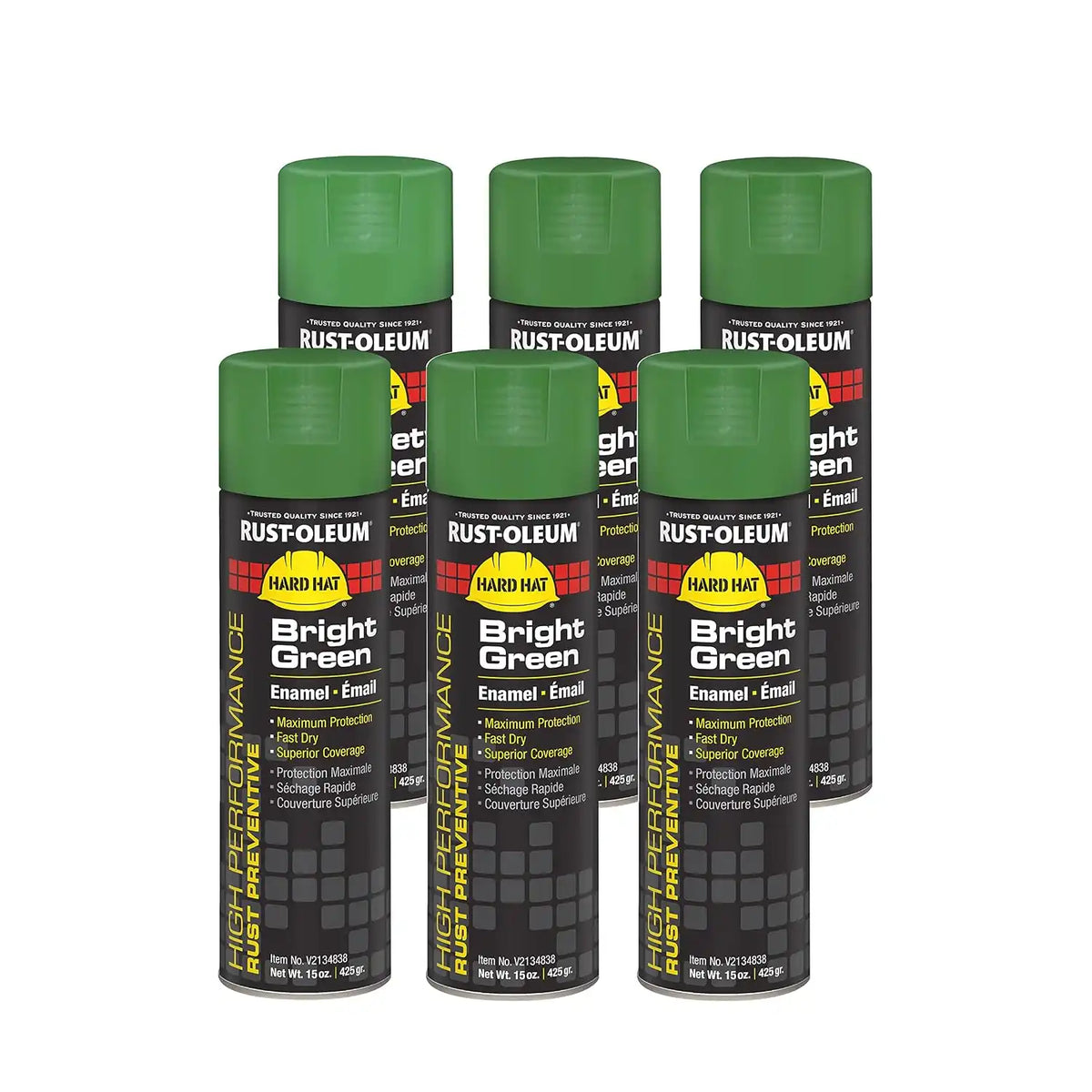 Rust-Oleum V2134838 High Performance V2100 System Rust Preventive Enamel Spray Paint, 20 fl. oz. Container, 15 oz. Fill, Bright Green, 6-Pack