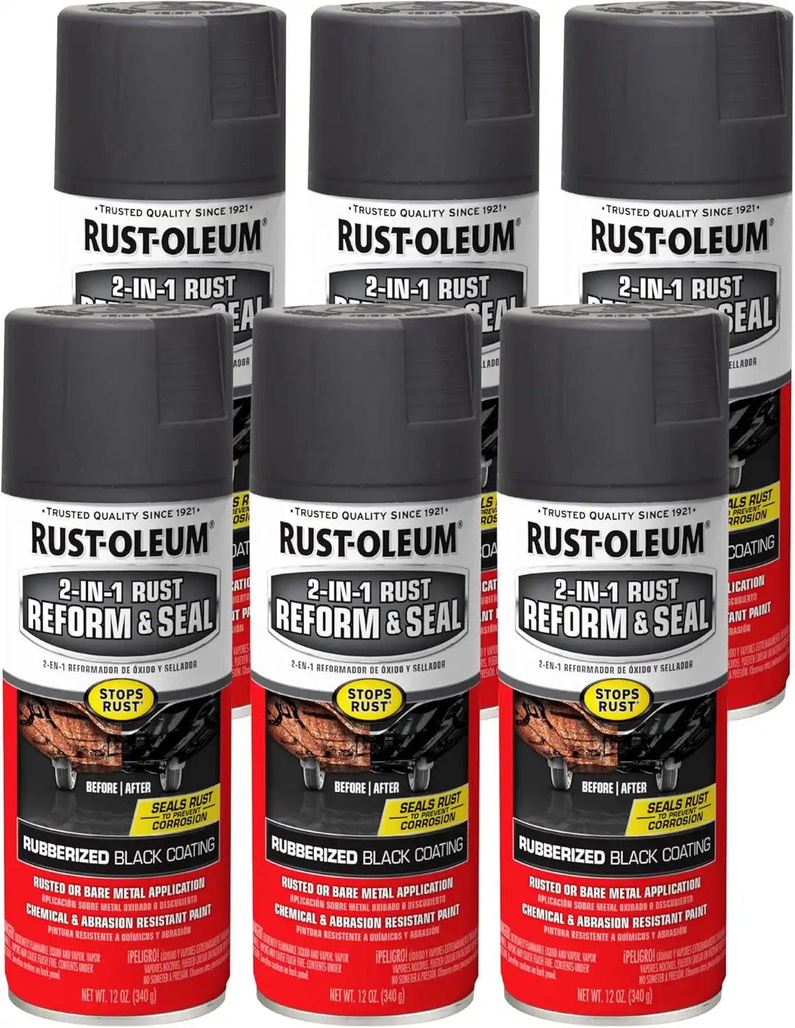 Rust-Oleum 344713-6PK Automotive 2-In-1 Rust Reform & Seal Spray, 12 oz, Flat Black, (Pack of 6)