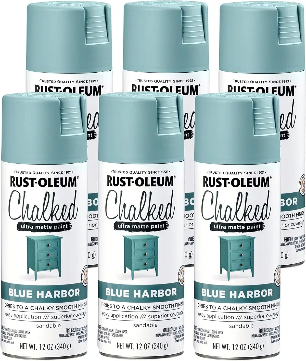 Rust-Oleum Harbor Blue Chalked All-in-One Ultra Matte Spray Paint | One Coat Coverage | No Primer, Sanding, Or Topcoat Needed | Easy Spray Application | Made in USA | 12 OZ | 6 Pack