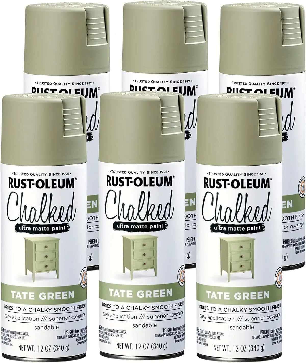 Rust-Oleum Tate Green Chalked All-in-One Ultra Matte Spray Paint | One Coat Coverage | No Primer, Sanding, Or Topcoat Needed | Easy Spray Application | Made in USA | 12 OZ | 6 Pack