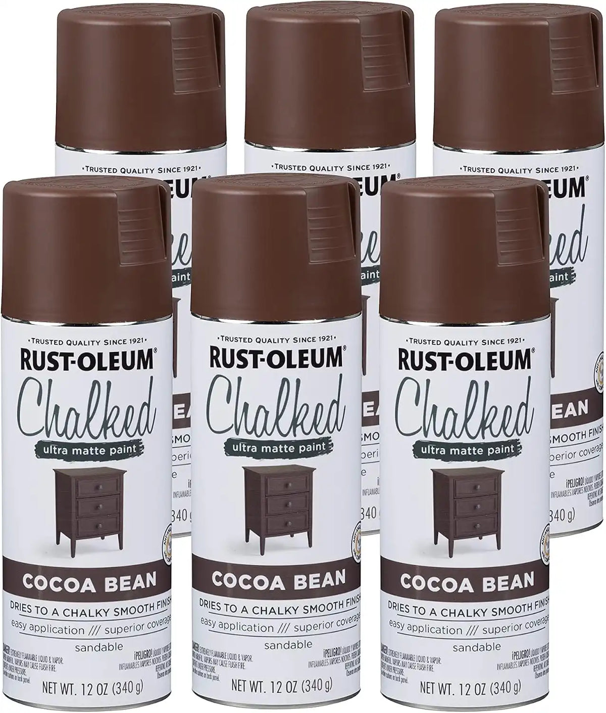 Rust-Oleum Cocoa Bean Chalked All-in-One Ultra Matte Spray Paint | One Coat Coverage | No Primer, Sanding, Or Topcoat Needed | Easy Spray Application | Made in USA | 12 OZ | 6 Pack