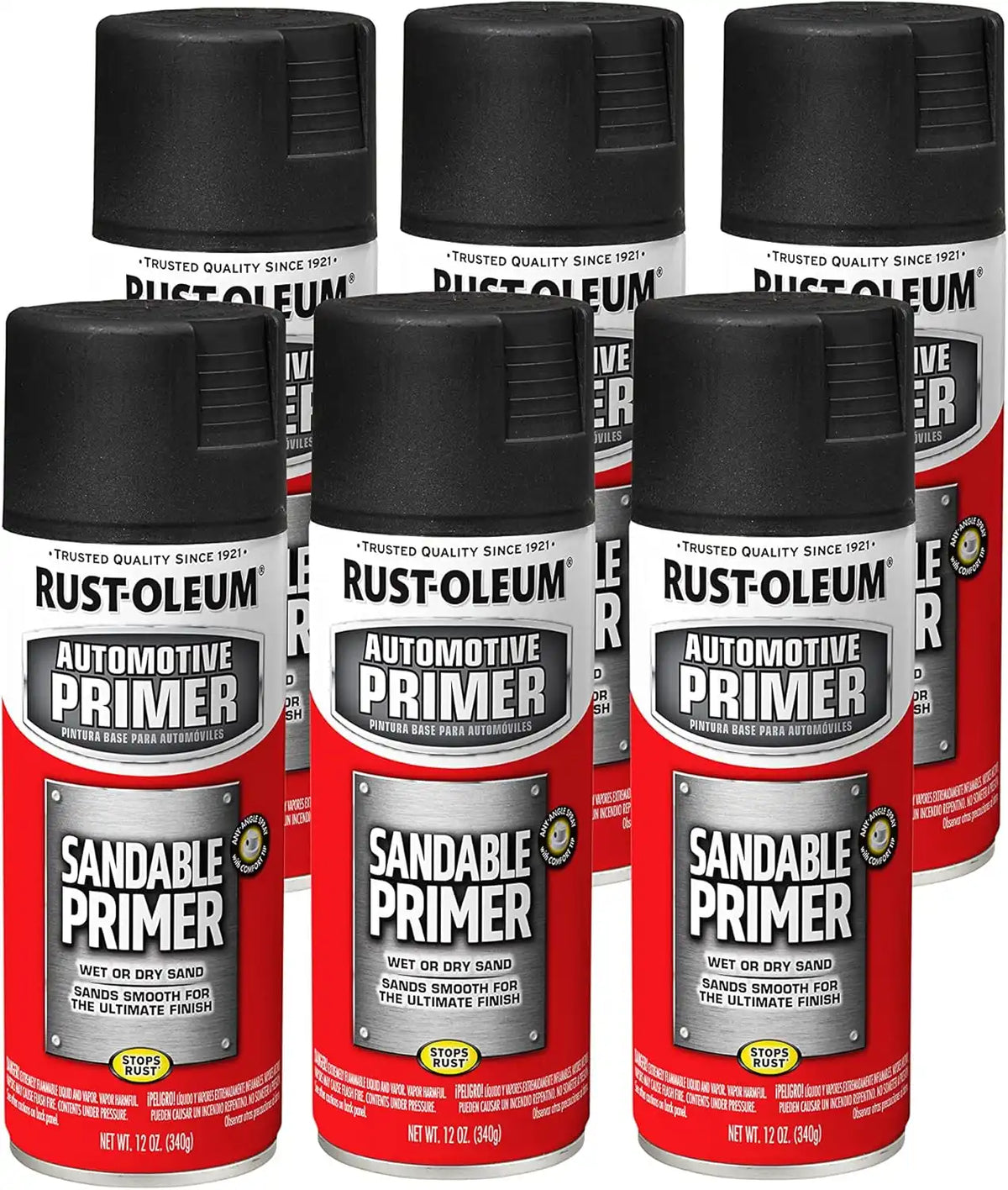 Rust-Oleum 249418-6PK Automotive Sandable Primer Spray, 12 oz, Black, 6 Pack