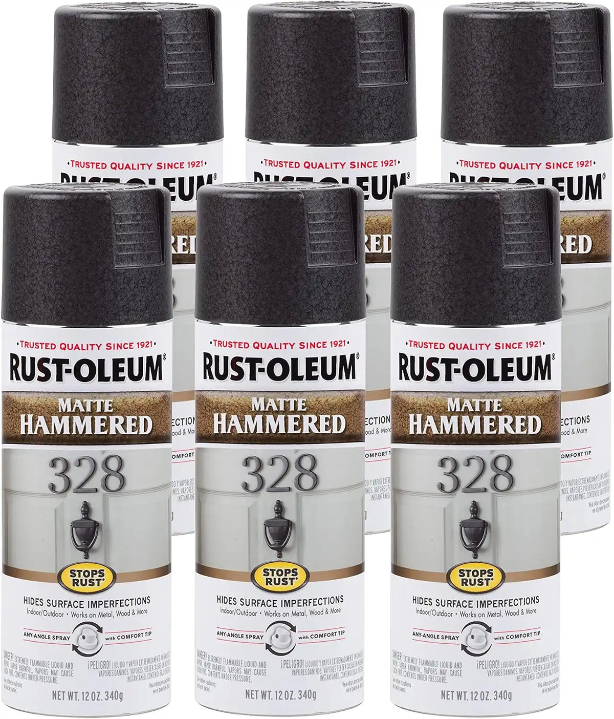 Rust-Oleum 300607-6PK Stops Rust Hammered Spray Paint, 12 oz, Matte Black, 6 Pack