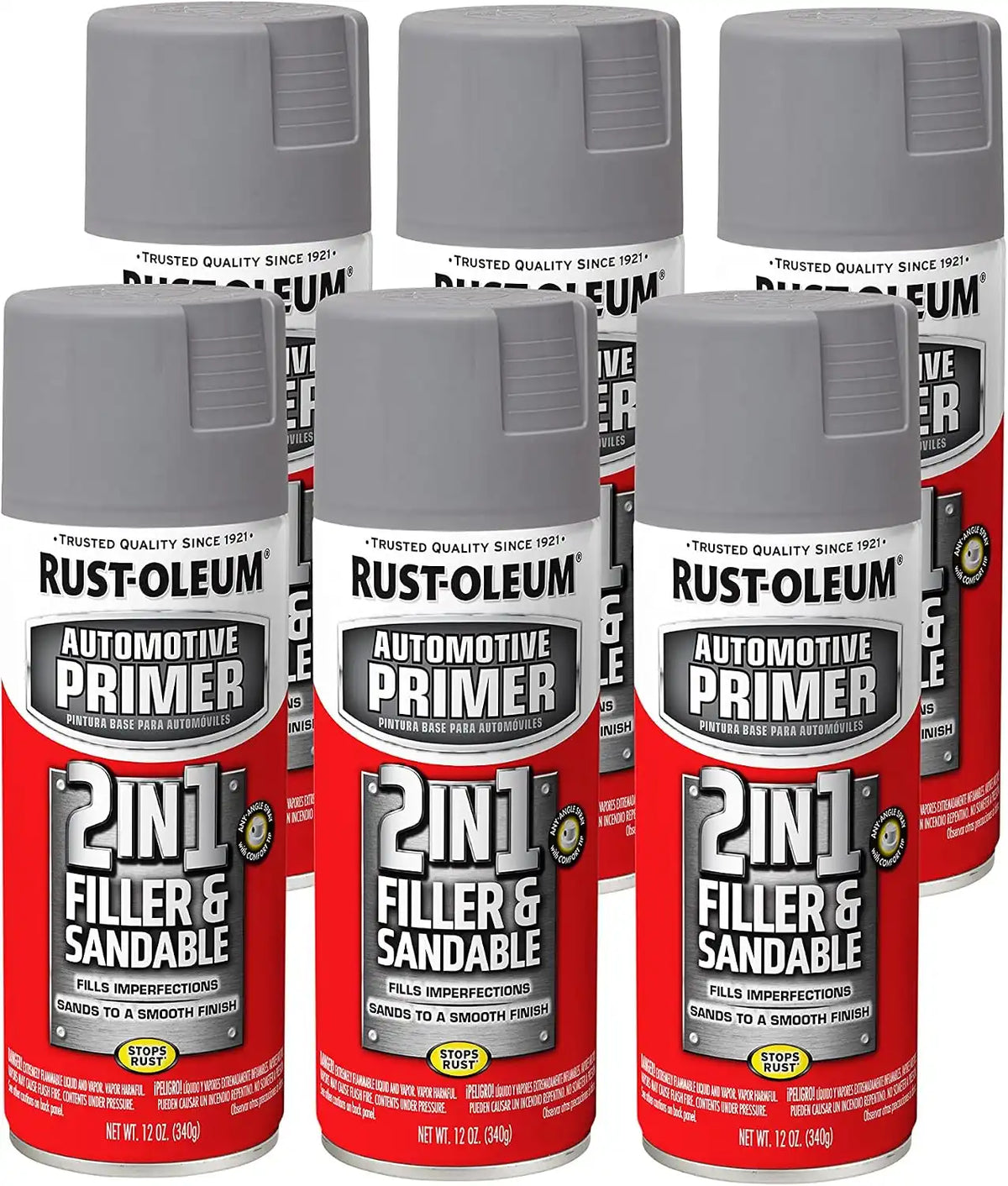 Rust-Oleum 260510-6PK Automotive 2-in-1 Filler & Sandable Primer Spray, 12 oz, Gray, 6 Pack