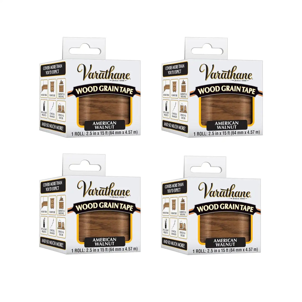 Varathane Wood Grain Tape | Mimics Real Wood Texture | Peel‑and‑Stick Application | Use on Trim, Furniture, Decor, or Conceal Damages | American Walnut | 2.5 in x 15 ft | 4 Pack