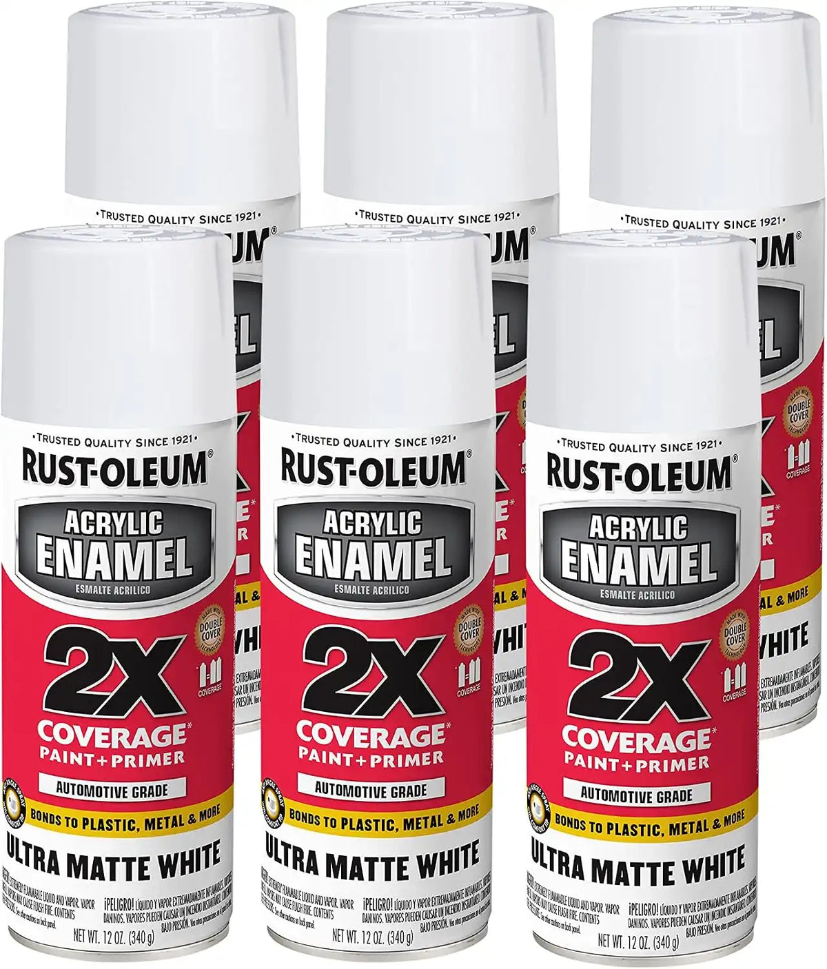 Rust-Oleum 372700-6PK Acrylic Enamel 2X Spray Paint, 12 oz, Ultra Matte White, 6 Pack