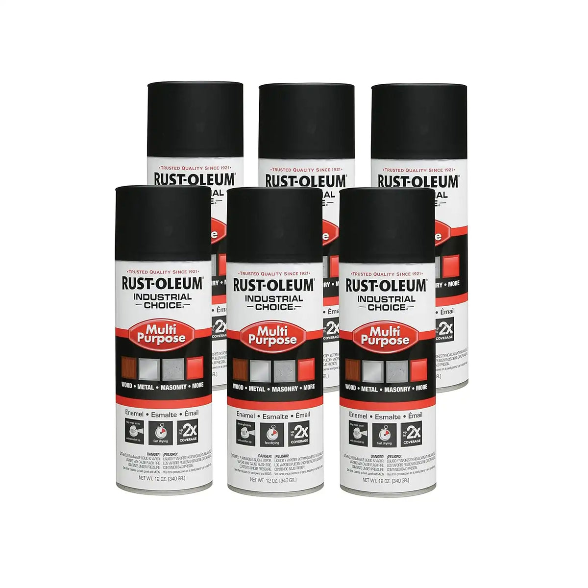 Rust-Oleum 1678830-6PK Industrial Choice 1600 System Multi-Purpose Spray Paint, 12 oz, Semi-Flat Black, 6 Pack