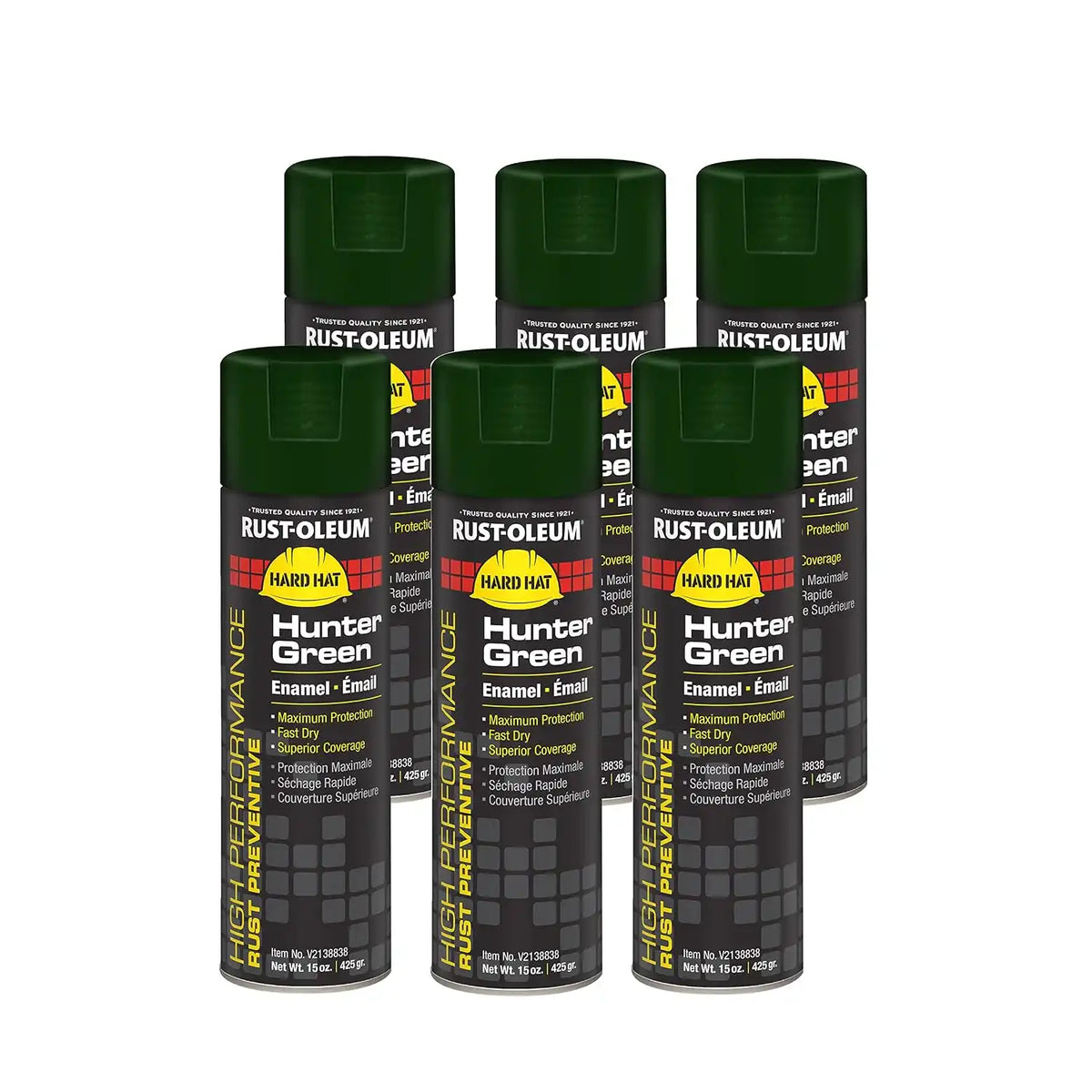 Rust-Oleum V2138838 High Performance V2100 System Rust Preventive Enamel Spray Paint, 20 fl. oz. Container, 15 oz. Fill, Hunter Green, 6-Pack