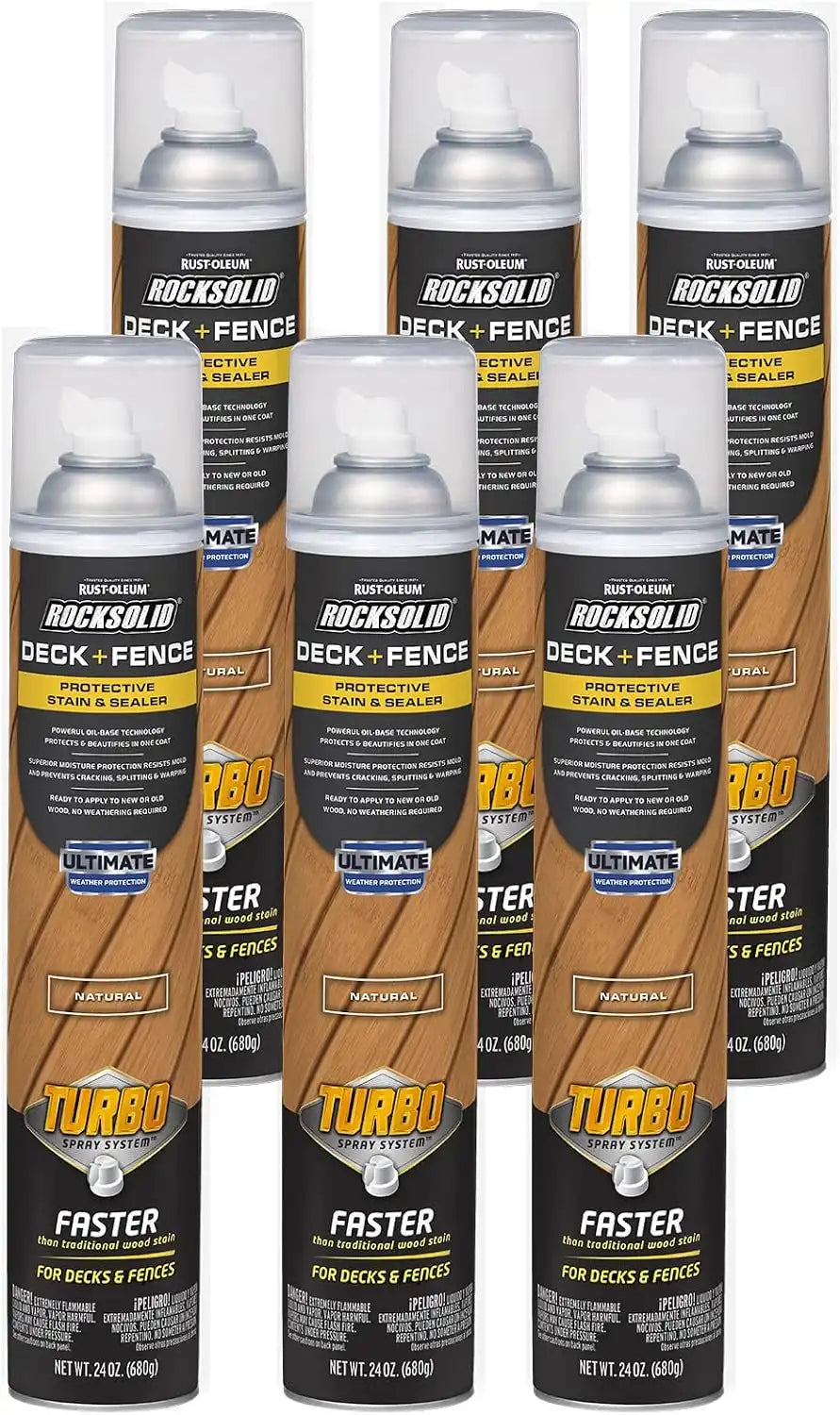 RockSolid Deck+Fence Protective Stain & Sealer with Turbo Spray System | Oil‑Base One‑Coat Protection | Superior Moisture Resistance | UV Resistant | Natural | 23 oz Aerosol | 6 Pack