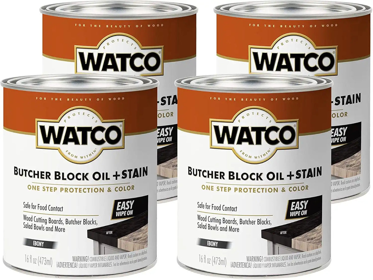 Watco Butcher Block Oil + Stain | Safe for Food Contact | Durable Protection | Easy One‑Coat Application | Ebony | Pint | 4 Pack
