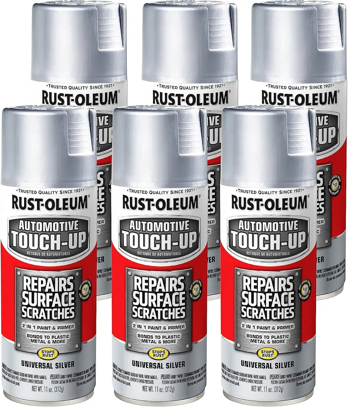 Rust-Oleum 292326-6PK Automotive Universal Touch-Up Spray Paint, 11 oz, Metallic Silver, 6 Pack