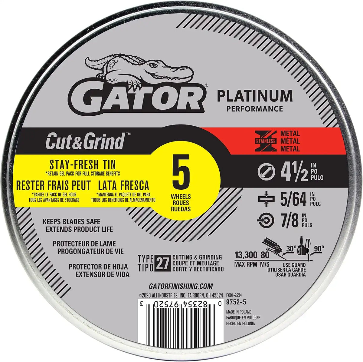 Gator Cut&Grind Type 27 Metal Cut-Off-Wheel, 4-1/2" x 5/64" x 7/8", 5 Pack