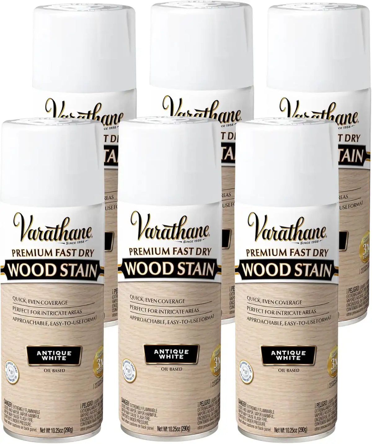 Varathane Premium Fast Dry Wood Stain Spray | 1 Hour Dry Time | 1 Coat Color | Interior Wood Stain | Furniture, Cabinets, Doors, Trim | 10.25 oz | 6 Pack | Antique White