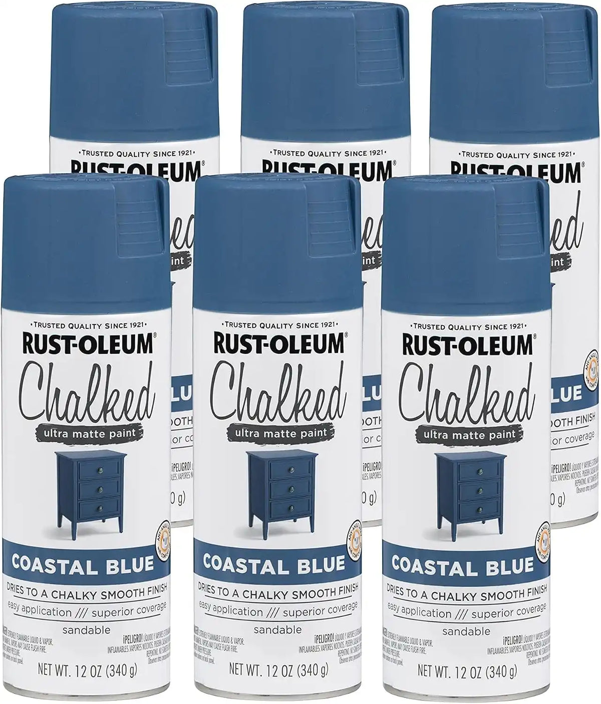 Rust-Oleum Coastal Blue Chalked All-in-One Ultra Matte Spray Paint | One Coat Coverage | No Primer, Sanding, Or Topcoat Needed | Easy Spray Application | Made in USA | 12 OZ | 6 Pack