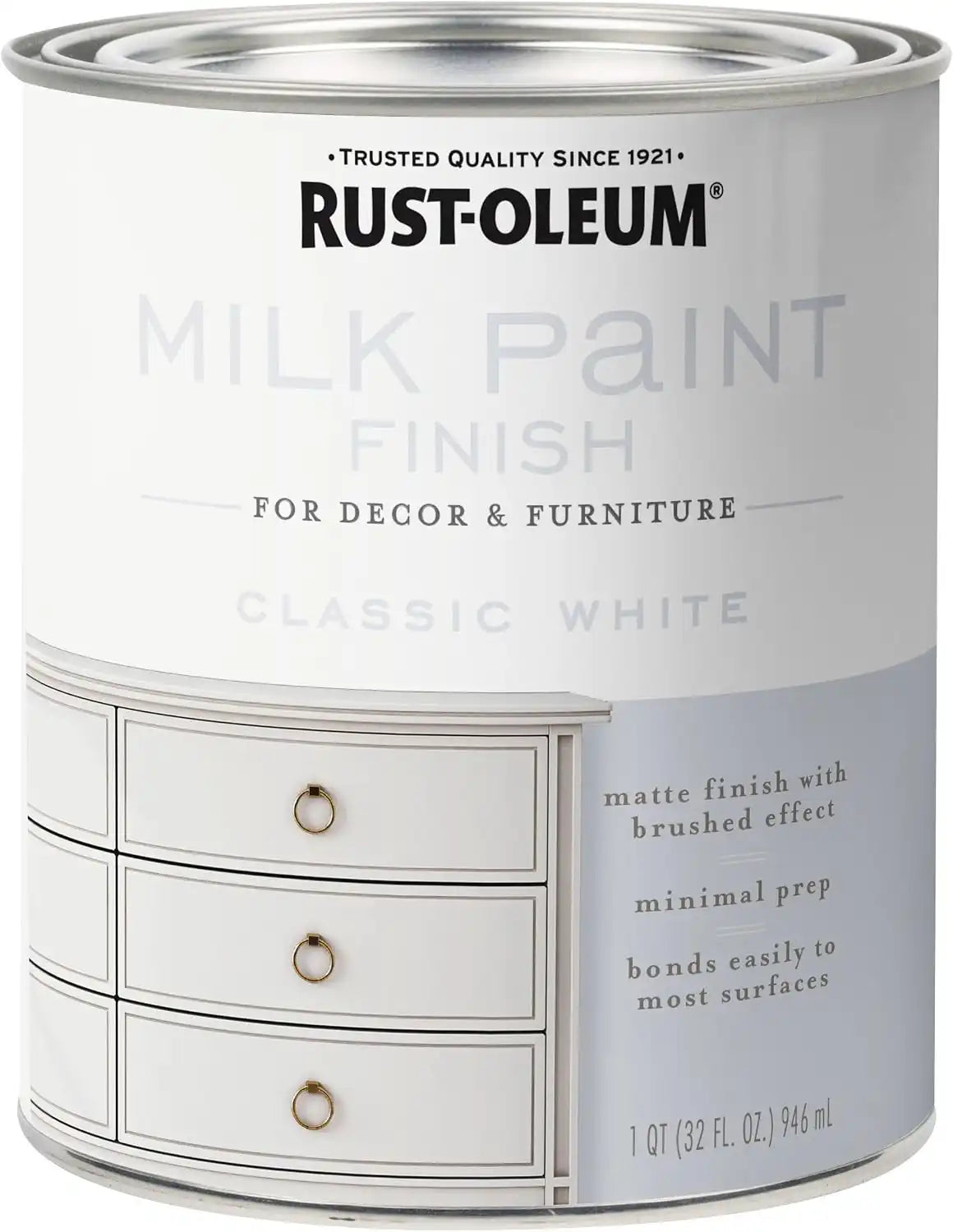 Rust-Oleum Classic White Milk Paint Finish | Decor and Furniture Applications | Matte Finish Brushed Effect | Minimal Prep Needed | No Primers Required | Easy Clean Up | Quart