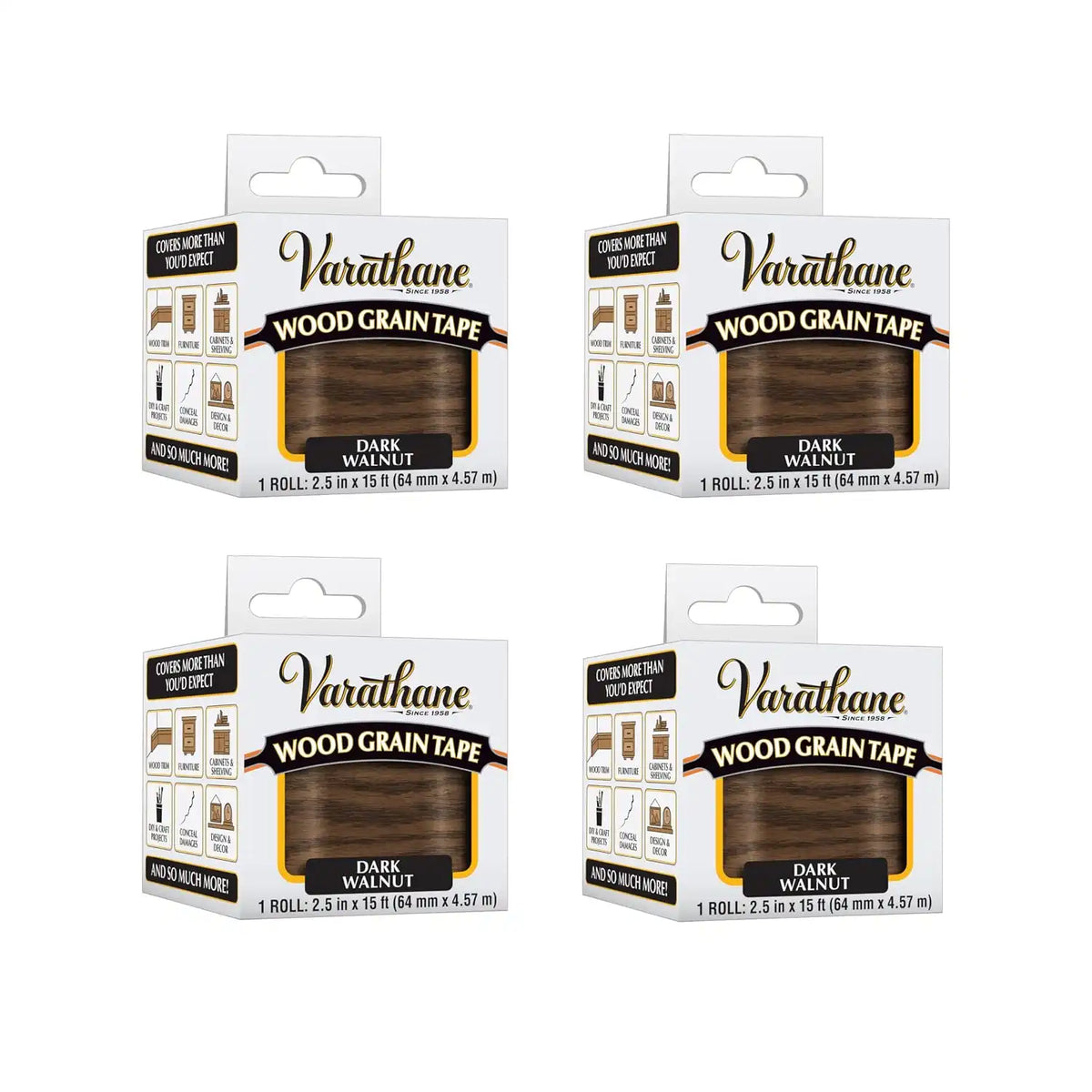 Varathane Wood Grain Tape | Mimics Real Wood Texture | Peel‑and‑Stick Application | Use on Trim, Furniture, Decor, or Conceal Damages | Dark Walnut | 2.5 in x 15 ft | 4 Pack