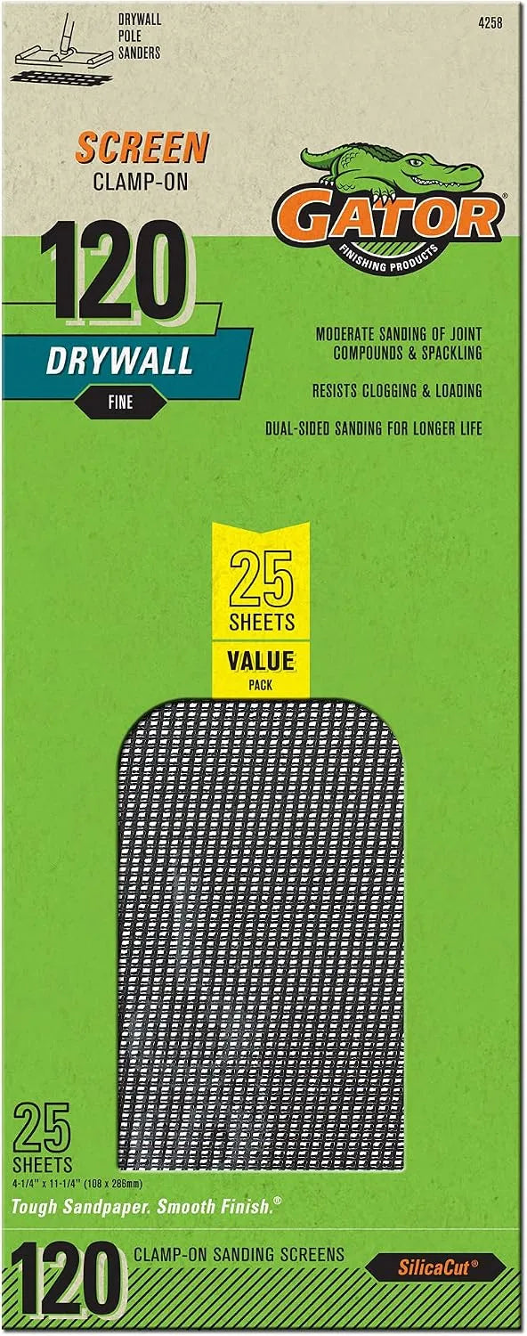 Gator Clamp-On Precut Drywall Sanding Screen, 4-1/4" x 11-1/4", 120 Grit, 25 Pack, Black