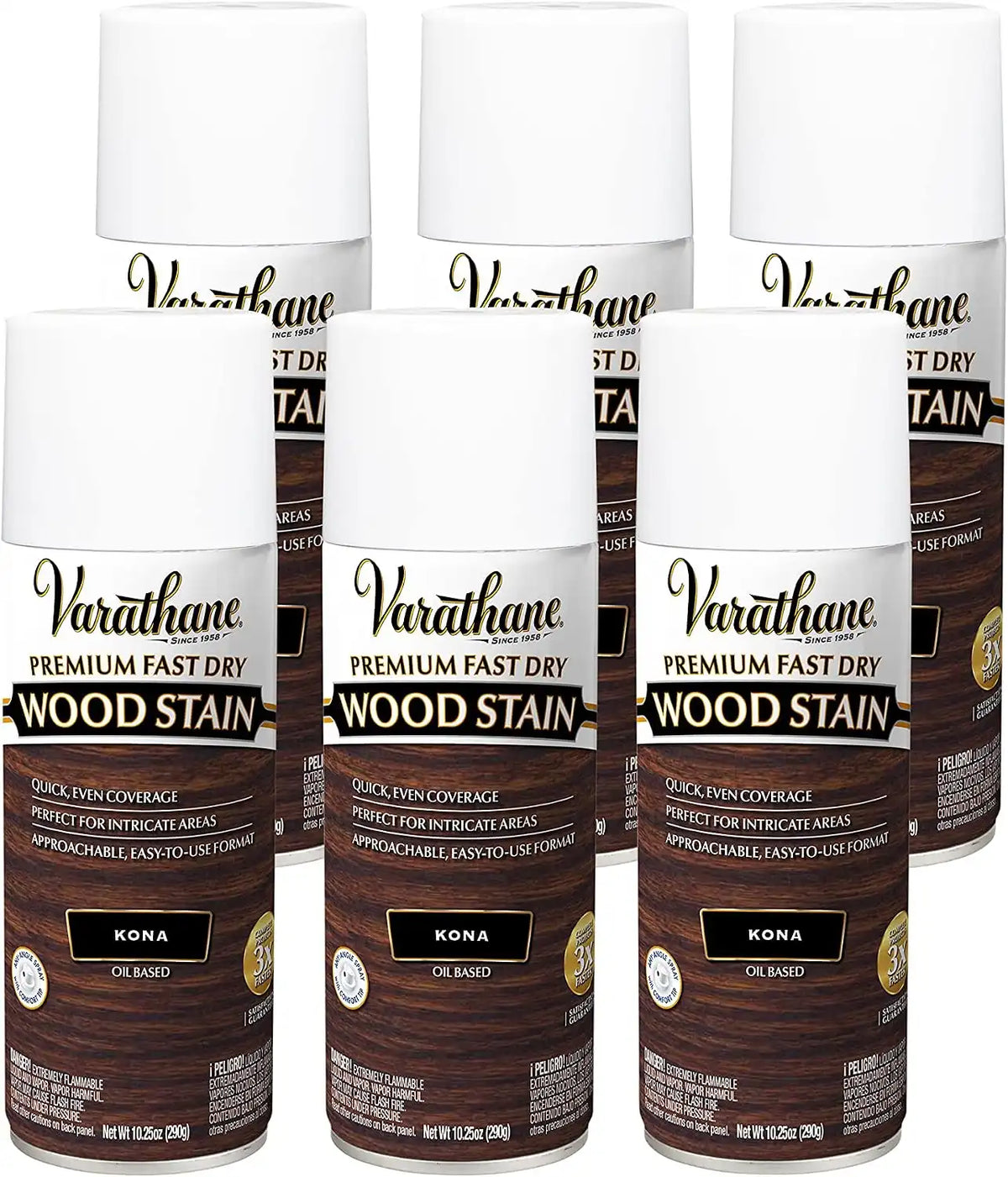 Varathane Premium Fast Dry Wood Stain Spray | 1 Hour Dry Time | 1 Coat Color | Interior Wood Stain | Furniture, Cabinets, Doors, Trim | 10.25 oz | 6 Pack | Kona