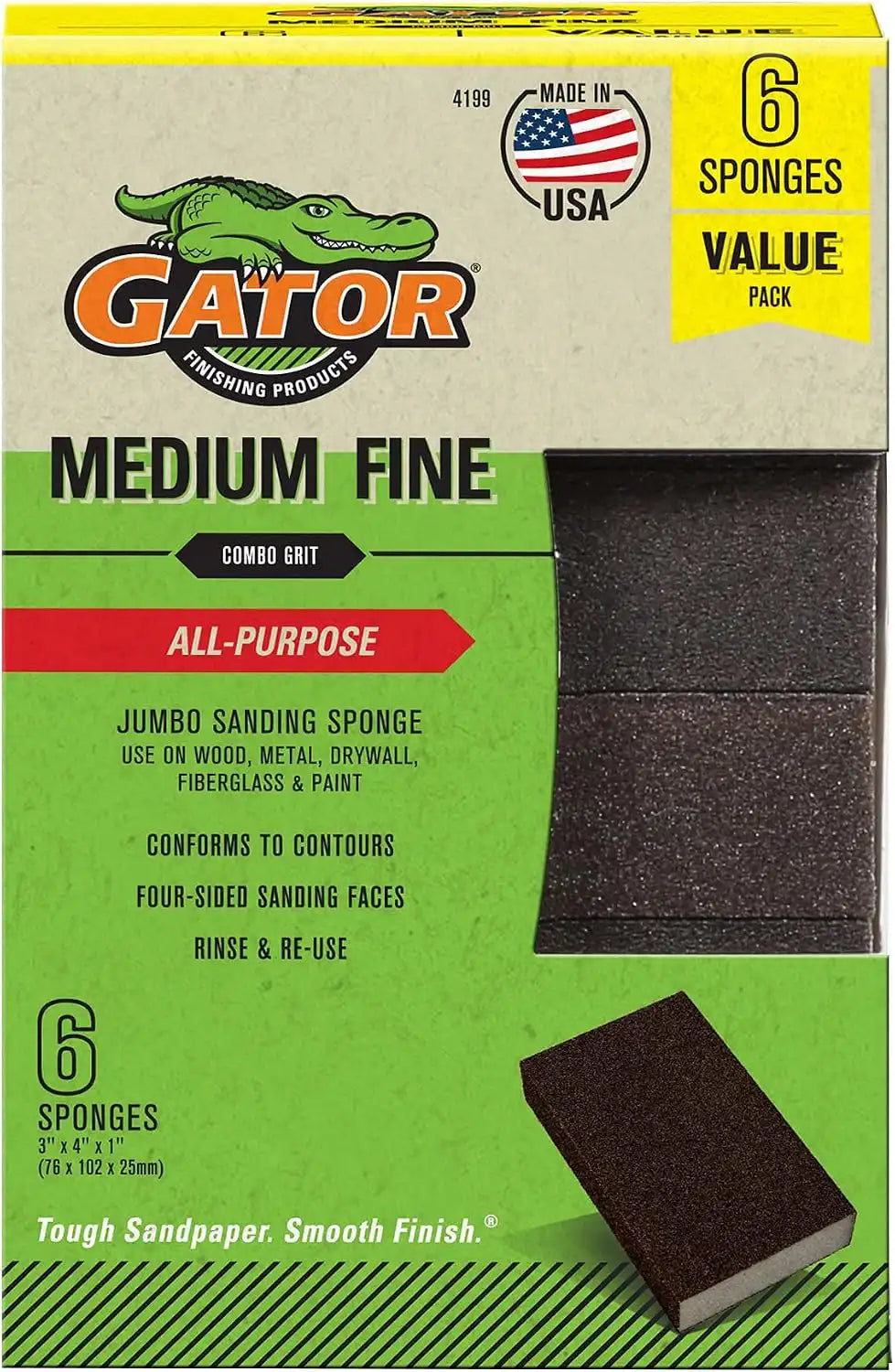 Gator Multi-Surface Sanding Sponge, 3" x 4" x 1", 80/120 Grit Medium/Fine, 6 Pack