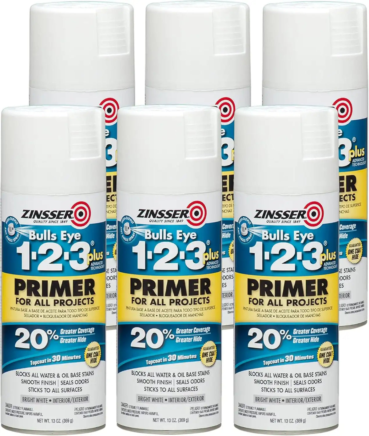 Zinsser 272479-6PK Bulls Eye 1-2-3 Plus Spray Primer, 13 oz, White, 6 Pack