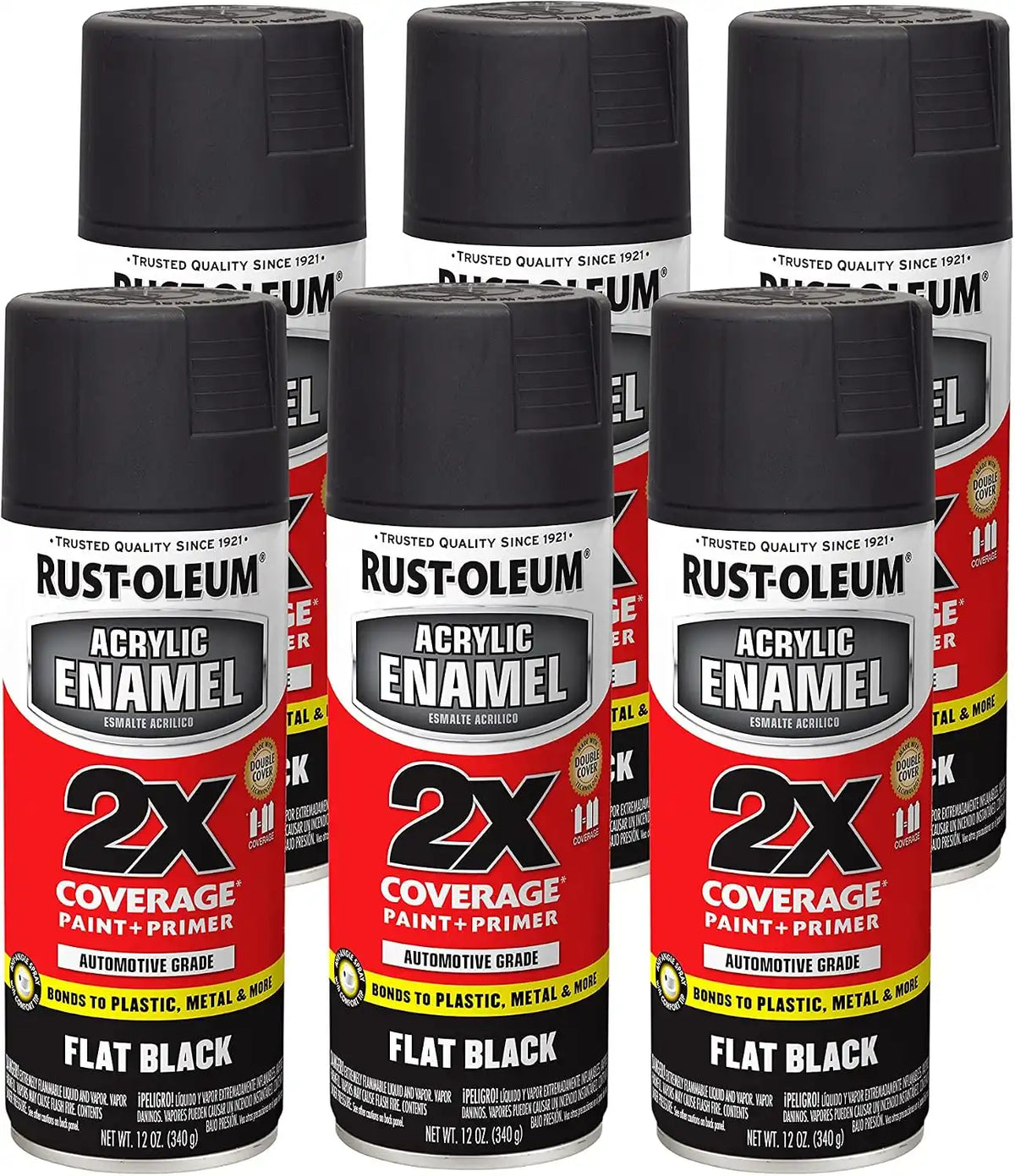 Rust-Oleum 271918-6PK Acrylic Enamel 2X Spray Paint, 12 oz, Flat Black, (Pack of 6)