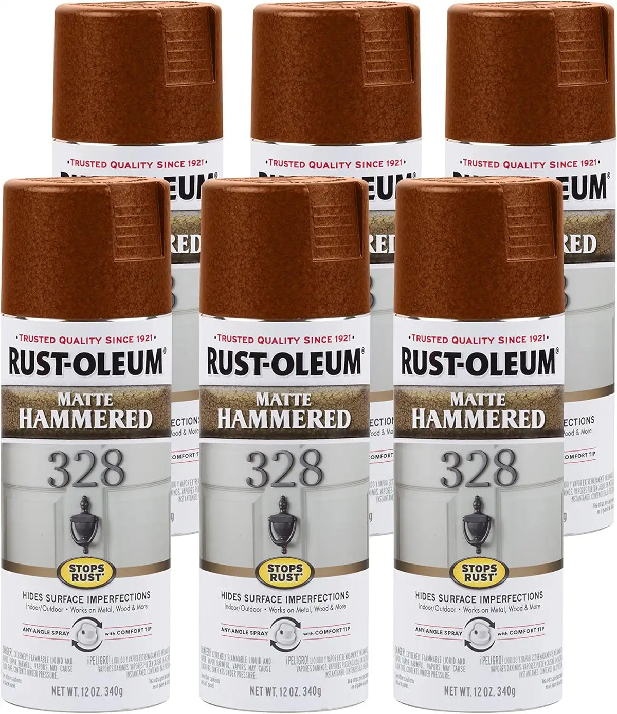 Rust-Oleum 345377-6PK Stops Rust Hammered Spray Paint, 12 oz, Matte Copper, 6 Pack