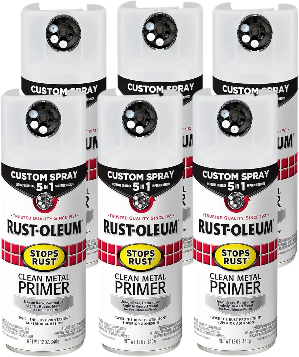 Rust-Oleum 384758-6PK Stops Rust Custom Spray 5-in-1 Clean Metal Primer Spray, 12 oz, Flat White, 6 Pack