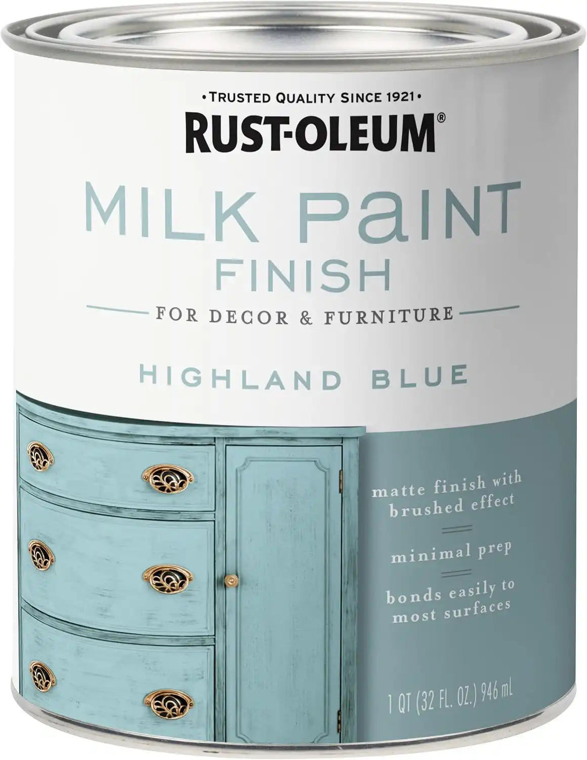 Rust-Oleum Highland Blue Milk Paint Finish | Decor and Furniture Applications | Matte Finish Brushed Effect | Minimal Prep Needed | No Primers Required | Easy Clean Up | Quart