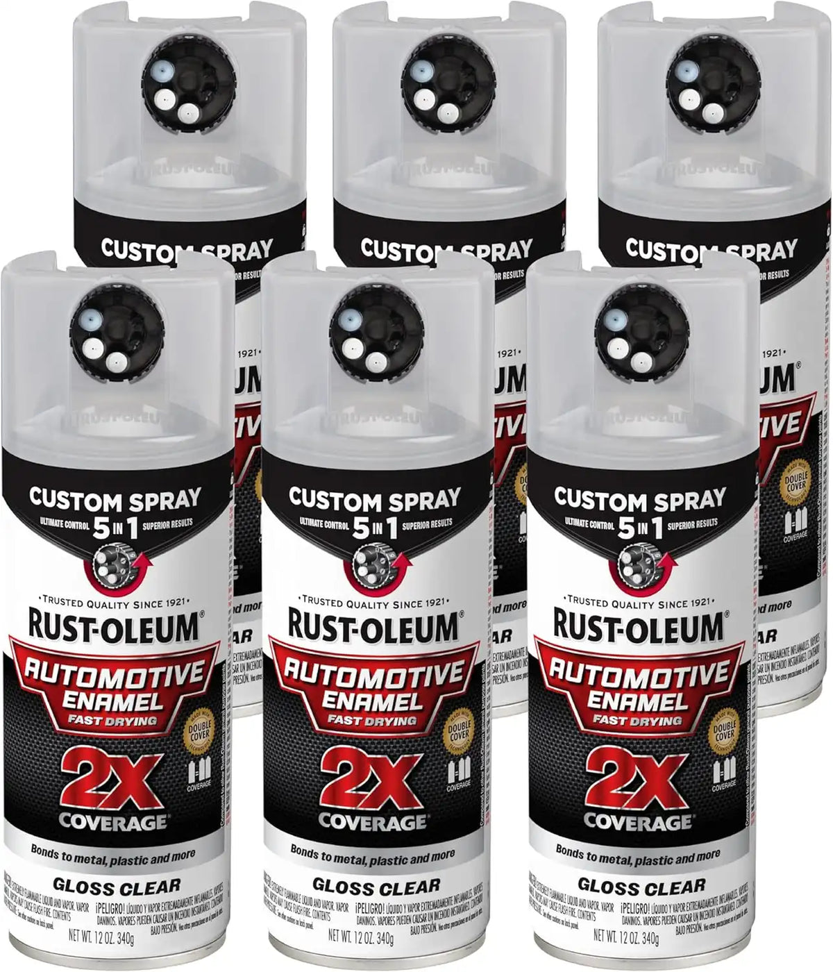 Rust-Oleum 2X Automotive Enamel Custom Spray 5-in-1 Spray Paint, 12 oz, Gloss Clear, 6 Pack