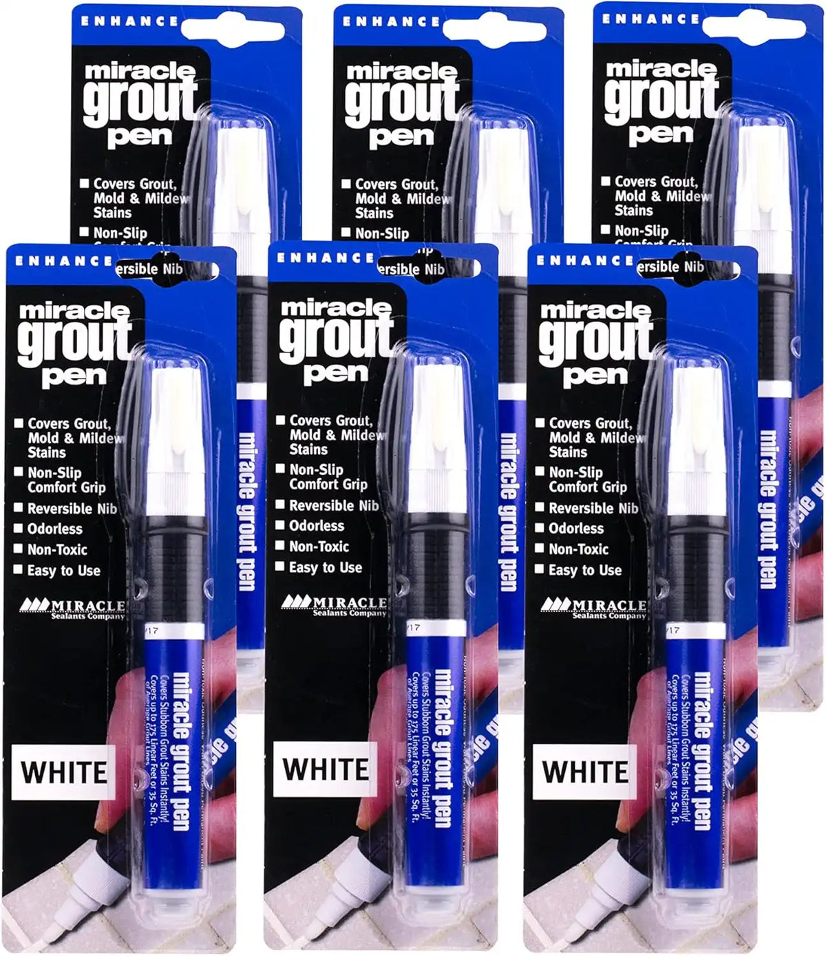 Miracle Sealants Miracle Grout Pen Recolors and Restores Grout Lines, White, 6 Pack