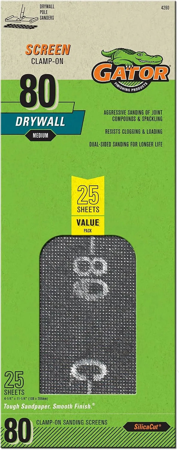 Gator Clamp-On Precut Drywall Sanding Screen, 4-1/4" x 11-1/4", 80 Grit, 25 Pack