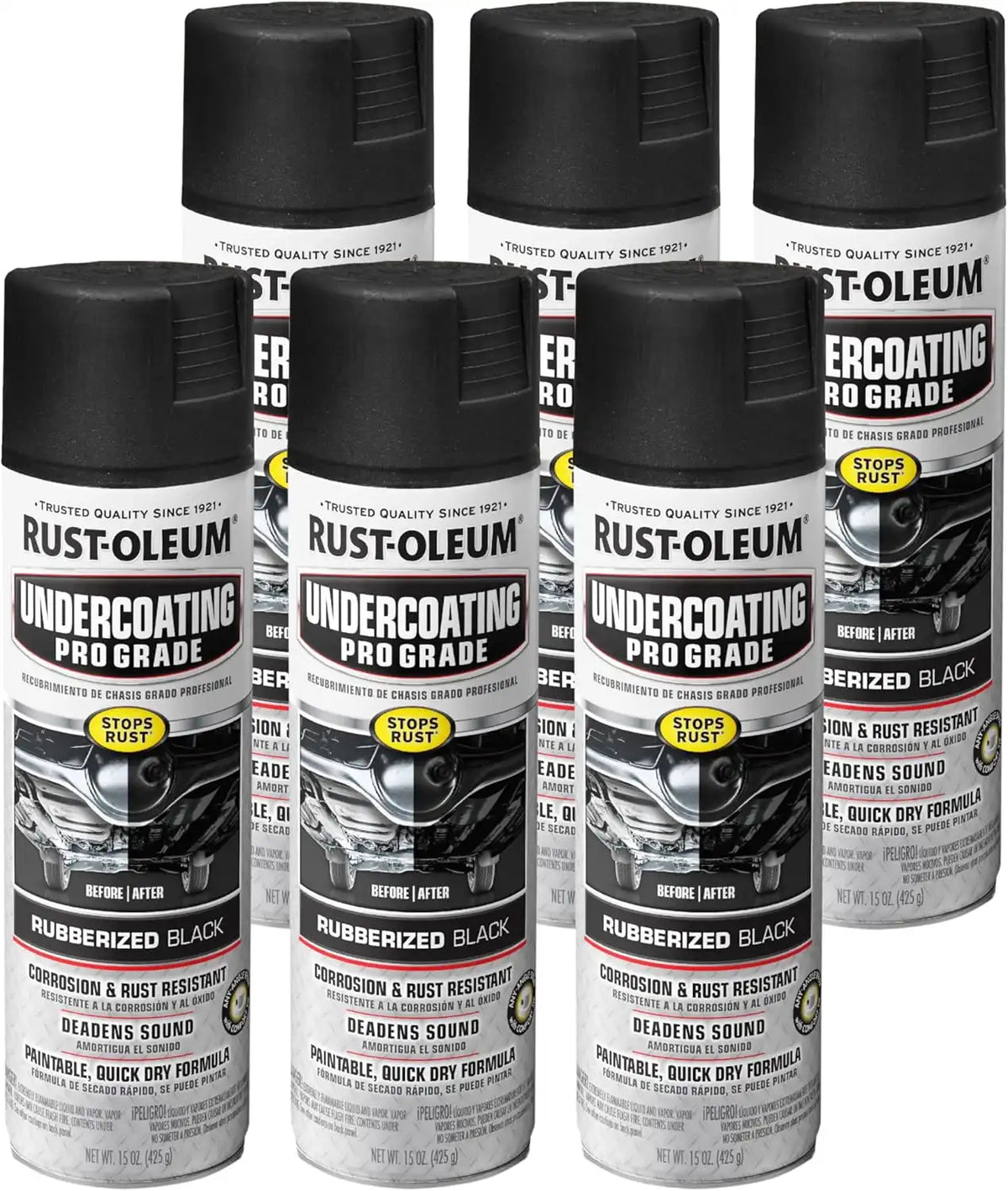 Rust-Oleum 248656-6PK Stops Rust Professional Grade Undercoating Spray Paint, 15 oz, Rubberized Black, 6 Pack