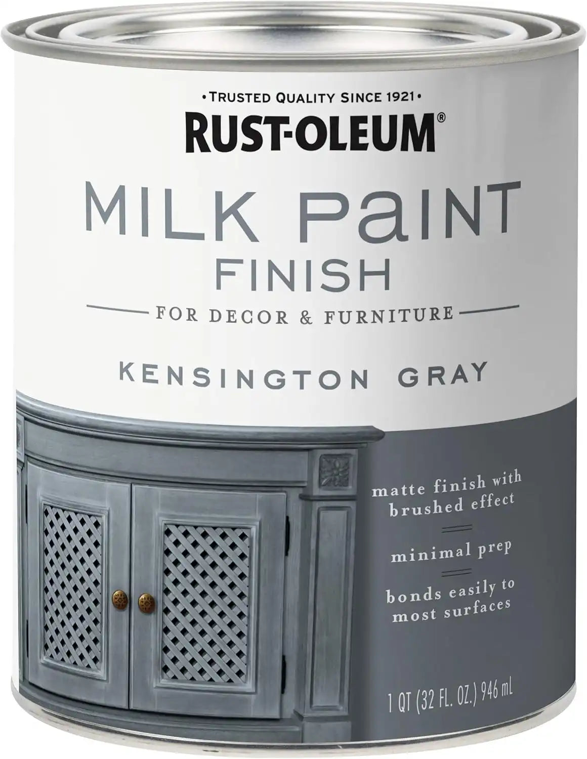 Rust-Oleum Kensington Gray Milk Paint Finish | Decor and Furniture Applications | Matte Finish Brushed Effect | Minimal Prep Needed | No Primers Required | Easy Clean Up | Quart